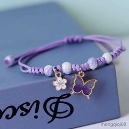 Bracelets Fashion Handmade Purple Butterfly Flower Bracelet For Women Sweet Animal Pendant Braided Bangle Jewelry R230614