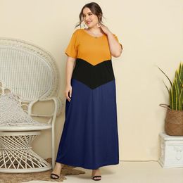 Party Dresses Loose Oversized Plus Size House Dress Women Summer O Neck Short Sleeve Contrast Color Patchwork Maxi Long