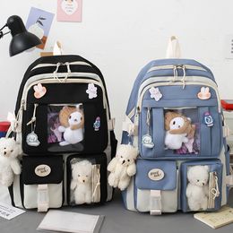 Backpacks 5pcs Kawaii Women Backpack Cartoon Pattern Korean Cute Student Girl Schoolbag Book Bags Sets Leisure Rucksack Streetwear 230613