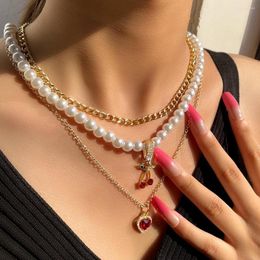 Chains Korean Bling Crystal Cherry Heart Pearl Beads Strand Necklaces For Women Girls Metal Clavicle Chain Multilayer Party Jewellery