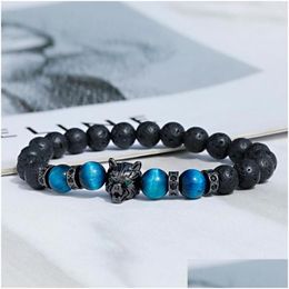 Beaded Strand Gothic Wolf Leopard Charm Bracelet For Men Natural Lava Volcano Stone Blue Black Beads Bracelets Handmade 8Mm Jewellery Dhfva