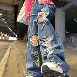 Womens Jeans Streetwear Straight Pants Ladies Ripped High Waist Loose Wide Leg Y2K Summer Plus Size Street Jean 230614