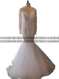 2023 Mermaid Wedding Dresses African Jewel Neck Lace Appliques Crystal Beads Long Sleeves Illusion Vestidos De Novia Bridal Gowns Real Image Button Back