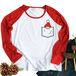 Women's T Shirts Women Streetwear Baseball Raglan Long Sleeve Top Autumn Winter Christmas Snowman Santa Claus Pocket Printed T-shirt