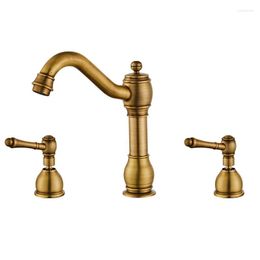 Bathroom Sink Faucets Basin Faucet Brass Antique Bronze Black 3 Hole Double Handle & Cold Wash Water