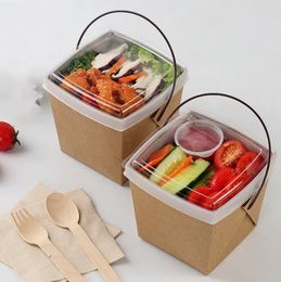 Disposable Fast Food Boxes Kraft Paper Lunch Box with Handle Dogget Packaging Snack Box Takeout Containers G0615