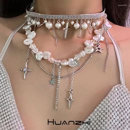 Pendant Necklaces Hollow Star Irregular Pearl Metal Cross Necklace For Women Cool Girl Trend Hip -hop Gothic Punk Jewellery HUANZHI