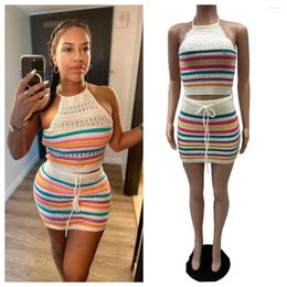 Women's Tracksuits Fashion Color Block Patchwork Knitted 2 Piece Set Women Summer 2023 Sexy Tank Crop Top Mini Skirts Skinny Outfits