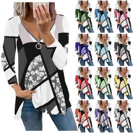 Women's Blouses Zipper Irregular Striped Geometric Print Chemise Femme Korean Fashion Women Blouse Harajuku Tops Casual Plus Size