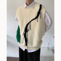 Men's Sweaters Autumn Sweater Vest Men Fashion Contrast Colour V neck Knitted Pullover Korean Loose Sleeveless Mens Jumper Clothes 230615
