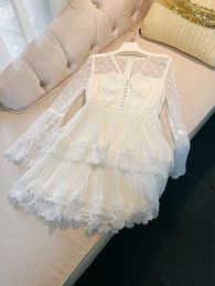 2023 Summer Ivory Solid Colour Panelled Tulle Dress Long Sleeve V-Neck Pleated Single-Breasted Short Casual Dresses N3L122331