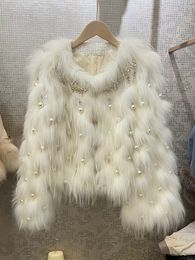 Women' Blends Real Raccoon Fur Coat Long Sleeve Jacket Warm Pearl Diamond Decoration Winter Ladies Outerwear 230615