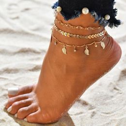 Anklets 3pcs/set Leaf Pendant Anklet Foot Chain For Women Wholesale Summer Beach Barefoot Bracelet Jewelry Trendy