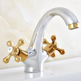 Bathroom Sink Faucets Chrome &amp; Gold Brass Faucet Basin Mixer Tap Double Cross Handle Single Hole And Cold Water Nnf480