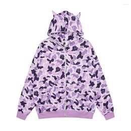 Men's Hoodies Autumn Winter Camouflage Print Fleece With Ears Zip Up Sweatshirt Men Women Casual Loose Cardigan Hooded Purple