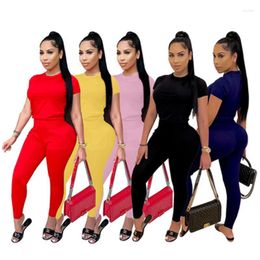 Women's Two Piece Pants Women Solid Set Tracksuit Short Sleeve Top Pencil Female Casual Streetwear Customise Logos Available