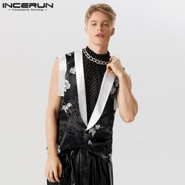 Men's Tank Tops Men Tank Tops Print Patchwork Streetwear Satin V Neck Sleeveless Summer Casual Vests One Button Men Clothing INCERUN S-5XL 230615