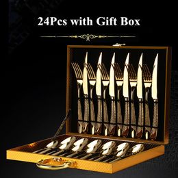 Dinnerware Sets 24Pcs Gold Plated Stainless Steel Dinnerware Set Dinner Knife Fork Cutlery Set With Gift Box Service For 6 Drop 230614