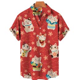 Hawaiian Short Sleeve Men's Shirt, Casual Shirt with Cute Cat Print, Lapel, V-neck, Beach, Summer, 5xl,