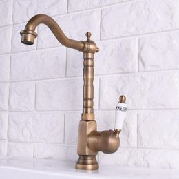 Kitchen Faucets Antique Brass Sink Faucet Washbasin Ceramic Lever Cold & Water Mixer Bathroom Taps Deck Mounted Lsf114