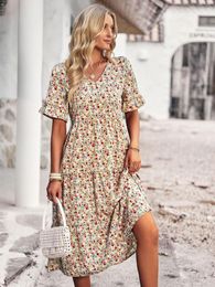 M Fashion V Neck Elegant Printed Dress 2023 New Women Summer Short Sleeve High Waist A Line Floral Holiday