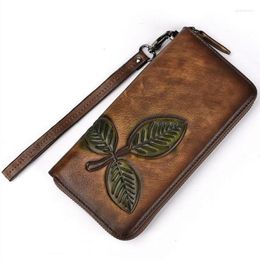 Wallets Vintage Women Wallet Genuine Leather Luxury Long Clutch Handy Bag Printing Floral Female Zipper Card Purse Money Clips