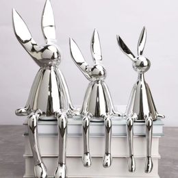 Decorative Objects Figurines 3 Piece Creative Shiny Rabbit Statue Home Decor Modern Nordic Animal Resin Art Sculpture Crafts Desktop Electroplated 230614