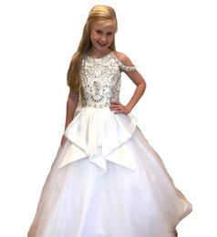 Elegant Pure White Beaded Crystals Girls Pageant Dresses Jewel Neck Straps with Peplum Kids Formal Wear Gowns Party Birthday