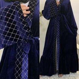 Ethnic Clothing Muslim Women's Gold Velvet Long-sleeved Dress Kaftan Ladies Robe Stitching Geometric Patterns Cardigan Abaya