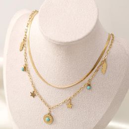 Pendant Necklaces SZN 316L Stainless Steel Green Leaf Star Double Chain Necklace For Women High Quality Vintage Girls Jewellery Party Gifts