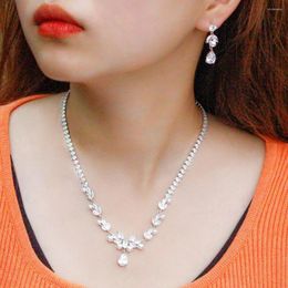 Necklace Earrings Set BeaQueen Fancy Flower Cubic Zirconia And Pearl For Women Weeding Bridal Costume Jewellery JS336