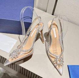 Transparent diamond chain high-heeled sandals women PVC glass glue hollowed out diamond rims Female shoes crystal high Heels shoes with box 41