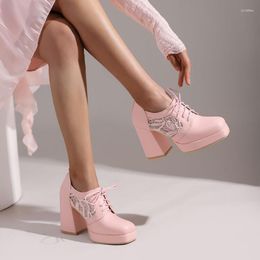 Dress Shoes Fashion Black Pink Chunky Heels Women Pumps Lace Up High Female Party Wedding Ladies 2023 Spring