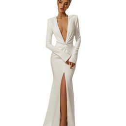 New Arrival Sexy Deep V Neck Long Sleeves Satin Mermaid Wedding Dresses For Women High Slit Bridal Gowns