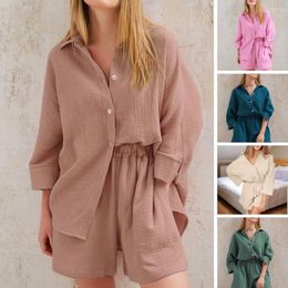 Womens Tracksuits 2 Pcs/set Lady Shirt Shorts Set Elastic Waist Button Lapel Loose Sleeping Deep Crotch Daily Wear Summer Pajamas Women