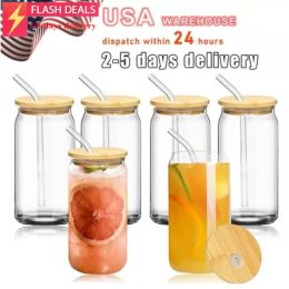 US warehouse 16oz Sublimation Glass Beer Mugs with Bamboo Lid Straw DIY Blanks Frosted Clear Can Shaped Tumblers Cups Heat Cocktail Iced Coffee Soda DHL