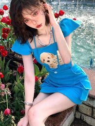 Work Dresses Summer 2023 Korean Fashion Sweet Two Piece Set Women Dog Print Slash Neck Tops Blue Bodycon Skirts Female Cute Outfit