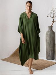 Women's Swimwear Swimsuit Cover Up Women Kaftan Beach Tunic Solid V Neck Elegant Summer Long Dress Loose Beachwear Bathing Suit Swimwear 230614