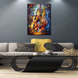 Contemporary Canvas Art Living Room Decor Guitar and Violin Hand Painted Oil Painting Still Life Vibrant