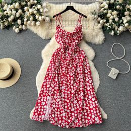 Casual Dresses Foamlina Fashion Summer Floral Print Sling Dress For Women Sexy Swinging Collar Sleeveless Lace-up Open Back Midi Holiday