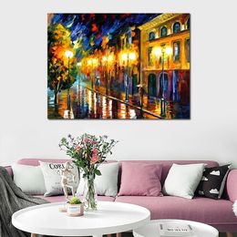 Stunning Landscape Canvas Art Fascination of The Night Hand Painted Urban Streets Painting Lobby Decor