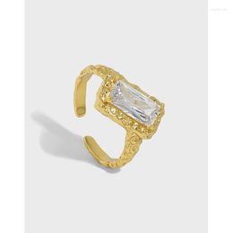 Cluster Rings Authentic 925 Sterling Silver Fine Jewelry White /Gold Foil Texture Square Zircon Ring