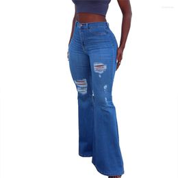 Women's Jeans High Elasticity Flared Women Wide Leg Pants Streetwear Ripped Denim Trousers Lady Blue Casual Boot Cut