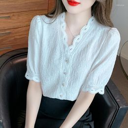 Women's Blouses 2023 Elegant Top Summer V-Neck White Lace Blouse Women Casual Korean Short Sleeve Women's Shirts Female Clohitng 26996