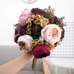 Dried Flowers Big Artificial Flower Autumn Exquisite Hand Lettering Silk Peony Fake Wedding Bouquet Home Table Garden Party Decoration