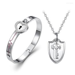 Necklace Earrings Set Couple Lovers Puzzle Jewellery Gift Titanium Steel Love Heart Lock Bangle Key Pendant