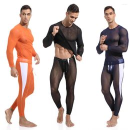 Agasalhos masculinos Conjuntos inovadores para homens 2 peças Sexy Camiseta de manga comprida e leggings Calças masculinas Mesh transparente Ternos musculosos