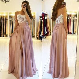 2023 Elegant Lace Long Bridesmaid Dresses Spaghetti Open Back High Side Split Sweep Train Country Style Wedding Guest Gowns Maid Of Honor Dresses