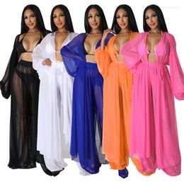 Women's Tracksuits Solid Loose Casual Mesh Two Piece Set Women Lantern Sleeve Extra Long Cardigan Wide Leg Pants Fashion Holiday Beach Suits