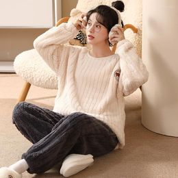 Women's Sleepwear Winter Women's Warm Home Clothes Ladies Flannel Thick Coral Fleece Cute Cartoon Pyjamas Oversized Woollen Pijama